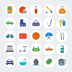 Modern Simple Set of transports, hotel, sports Vector flat Icons. Contains such Icons as  ring,  rugby,  urban, truck,  sport,  room and more on white cricle background. Fully Editable. Pixel Perfect.
