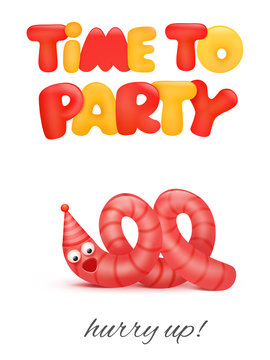 Time to Party concept card with funny worm cartoon character