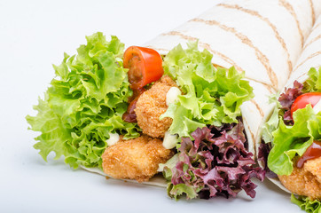 Grilled tortilla with chicken, mayo and tomato ketchu....Grilled tortilla chicken, lettuce, homemade mayo and barbeque sauce