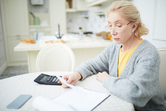 Aged woman checking all bills for the last month while trying to calculate expenses