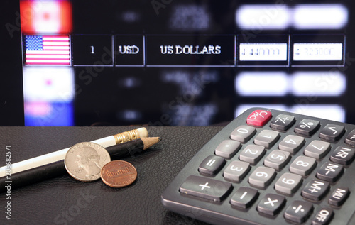 Coin Of United Stage America With Calculator And Pencil On Black Coin Of United Stage America With Calculator And Pencil On Black Floor Digital Board