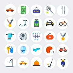 Modern Simple Set of transports, hotel, sports Vector flat Icons. Contains such Icons as bathroom,  pickup,  sedan,  football,  bath and more on white cricle background. Fully Editable. Pixel Perfect.