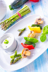 vegetable shashlik vegetarian with yogurt garlic sauce.