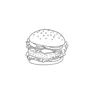 Big hamburger with beef, bun with sesame seeds and vegetables in sketch style isolated on white background - hand drawn black lines vector illustration of tasty lunch fastfood.
