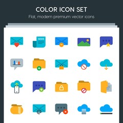 Modern Simple Set of cloud and networking, chat and messenger, folder, email Vector flat Icons. Contains such Icons as  email,  envelope and more on dark background. Fully Editable. Pixel Perfect