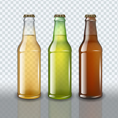 Set of full beer bottles on transparent background.