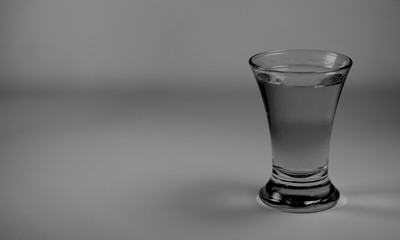 Glasses with tequila isolated in black and white tones on grey background. Copy space