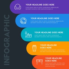 Flat furniture, housekeeping, beauty and cosmetics infographic steps template with 5 options for presentations, advertising, annual reports.