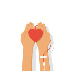 Blood donation concept. Heart in hand, connected to a drip. Illustrations flat design. Blood donor day.
