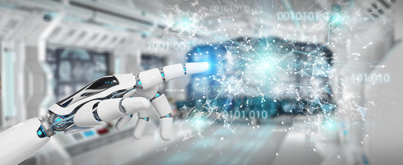 White humanoid hand using digital globe hud interface 3D rendering