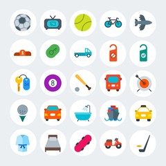 Modern Simple Set of transports, hotel, sports Vector flat Icons. Contains such Icons as  football,  bedroom, bathrobe,  sea,  game and more on white cricle background. Fully Editable. Pixel Perfect.