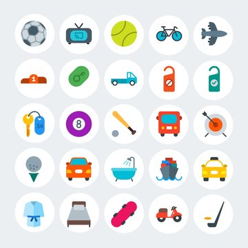 Modern Simple Set of transports, hotel, sports Vector flat Icons. Contains such Icons as  football,  bedroom, bathrobe,  sea,  game and more on white cricle background. Fully Editable. Pixel Perfect.
