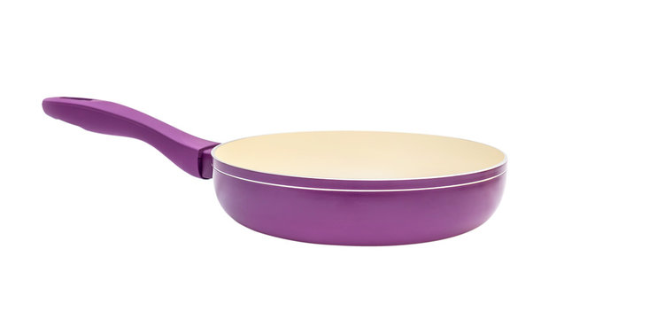 Purple Ceramic Frying Pan On White Background.