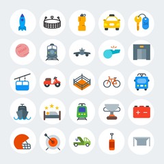 Modern Simple Set of transports, hotel, sports Vector flat Icons. Contains such Icons as  rugby,  vehicle,  fight,  repair,  sport and more on white cricle background. Fully Editable. Pixel Perfect.