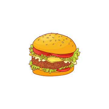 Big hamburger with beef, bun with sesame seeds and vegetables in sketch style isolated on white background. Hand drawn colorful vector illustration of tasty lunch fast food.