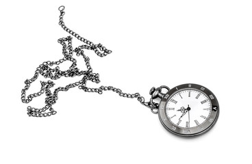 Pocket watch with thin chain on white background.