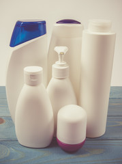 Plastic packaging from cosmetics. Recycling concept .