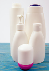 Plastic packaging from cosmetics. Recycling concept .