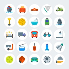 Modern Simple Set of transports, hotel, sports Vector flat Icons. Contains such Icons as  kitchen,  sport,  fight,  football, car and more on white cricle background. Fully Editable. Pixel Perfect.