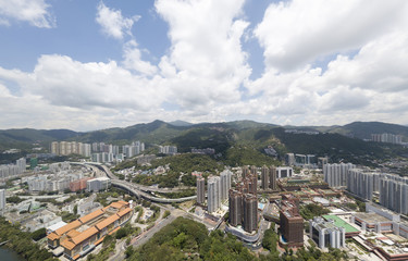Aerial panarama view on Shatin, Tai Wan, Shing Mun River in Hong Kong