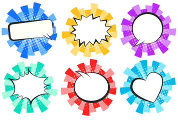 Set of bright colorful round striped retro comic speech bubbles with black halftone shadow in pop art style. Color message balloons for comics book, advertisement text, web design, badge
