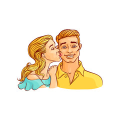 Young girl kisses guy on cheek isolated on white background - romantic hand drawn colorful vector illustration of beautiful loving couple. Smiling happy man gets kiss from attractive woman.