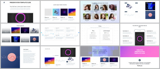 Minimal presentations, portfolio templates with abstract colorful infographics, minimalistic design futuristic vector backgrounds. Presentation slides for flyer, leaflet, brochure, cover, report.