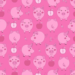 Seamless pattern with cartoon pink pigs, apples and acorns on dark pink background.