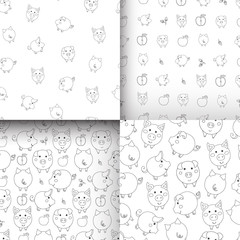 Set of seamless contour patterns with cartoon pigs, apples and acorns.