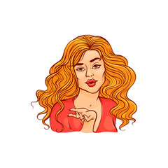 Young woman sends air kiss - hand drawn beautiful girl holding palm up and showing kissing facial expression. Colorful vector illustration isolated on white background in sketch style.
