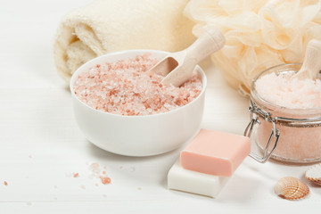 Handmade Sugar Peach Scrub With Argan Oil. Himalayan Salt. Toiletries, Spa Set. - obrazy, fototapety, plakaty