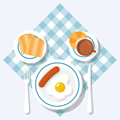 Breakfast concept. Appetizing delicious breakfast of coffee, fried egg with sausage, croissant and slices of toasted bread. Vector illustration flat design. Isolated on background checkered tablecloth