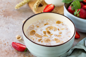 Healthy breakfast close-up - whole grain flakes, milk and fresh strawberries on stone or slate background. The concept of nutrition health.