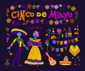 Vector cinco de mayo set of mexico traditional elements, symbols & skeleton characters in flat hand drawn style isolated on dark background. Mexican celebration, national patterns & decorations, food