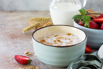 Healthy breakfast close-up - whole grain flakes, milk and fresh strawberries on stone or slate background. The concept of nutrition health.