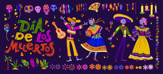 Vector dia de los muertos set of mexico traditional elements, symbols & skeleton characters in hand drawn style isolated on dark background. Mexican celebration, national patterns & decorations.