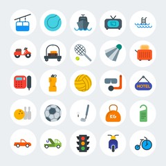 Modern Simple Set of transports, hotel, sports Vector flat Icons. Contains such Icons as  pickup,  bike,  sign, circus,  bicycle and more on white cricle background. Fully Editable. Pixel Perfect.