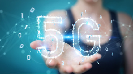 Businesswoman using 5G network digital hologram 3D rendering