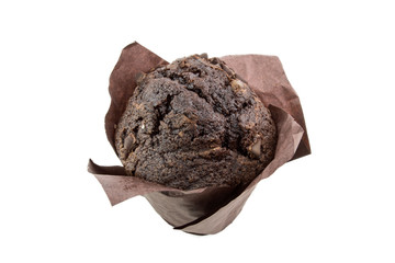 Black Cocoa Muffin With Chocolate Chips On It Closeup  Isolated