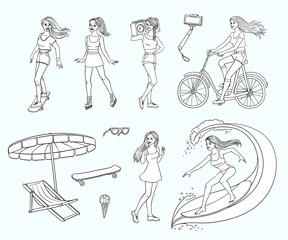 Pretty young redhead women summer leisure activity, equipment set. Beautiful characters, girl surfing, riding bicycle skateboard, eat ice cream, roller skating, boombox. Vector monochrome illustration