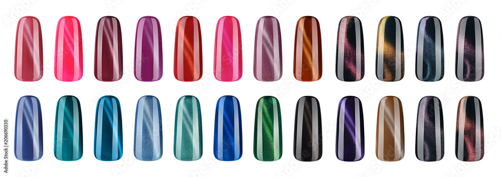 Wall mural nail polish in different fashion color. colorful cats eye 3d nail lacquer in tips and mock-up blank 