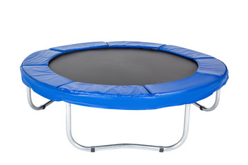 Trampoline for children and adults for fun indoor or outdoor fitness jumping on white background. Blue trampoline Isolated  - obrazy, fototapety, plakaty