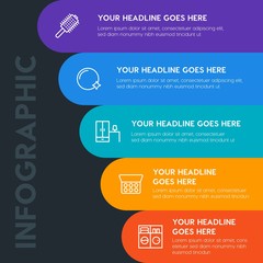 Flat furniture, housekeeping, beauty and cosmetics infographic steps template with 5 options for presentations, advertising, annual reports.
