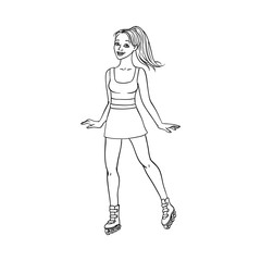 Pretty young woman in skirt, summer clothing riding roller blade skates smiling. Beautiful female character, girl at vacation. Vector sketch monochrome illustration isolated