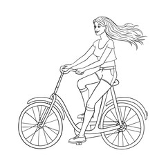 Pretty young woman in denim shorts, summer clothing riding vintage bicycle smiling. Beautiful female character, girl cycling at vacation. Vector sketch monochrome illustration isolated