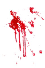 Smeared blood, spatter, dripping isolated on white background