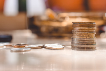 Cash, pyramids of coins, paper money, metal money.