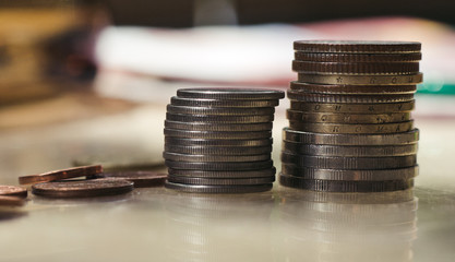 Cash, pyramids of coins, paper money, metal money.