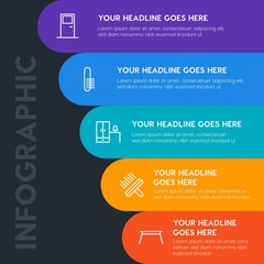 Fototapeta na wymiar Flat furniture, housekeeping, beauty and cosmetics infographic steps template with 5 options for presentations, advertising, annual reports.