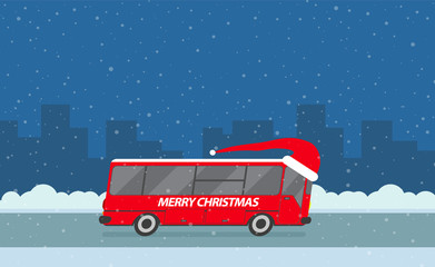Vector Christmas bus on the background of a snow city
